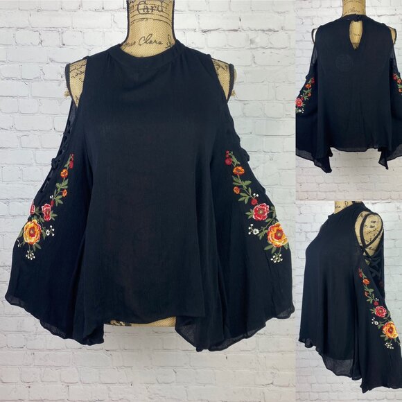 Umgee Crinkly Black Embroidered Strappy Cold Shoulder Top - Picture 1 of 1